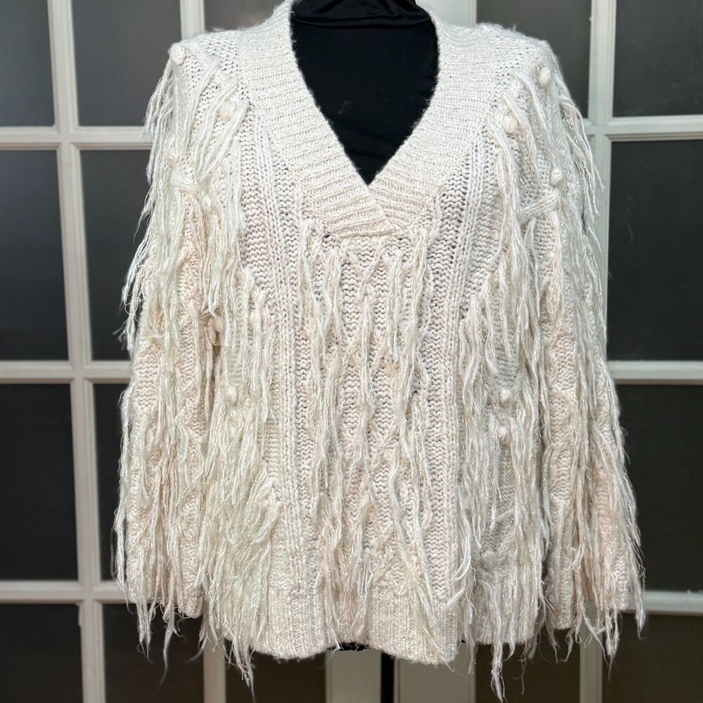 Anthropologie Fringed Pullover Sweater Cream Shaggy Cable Knit Oversized V-Neck